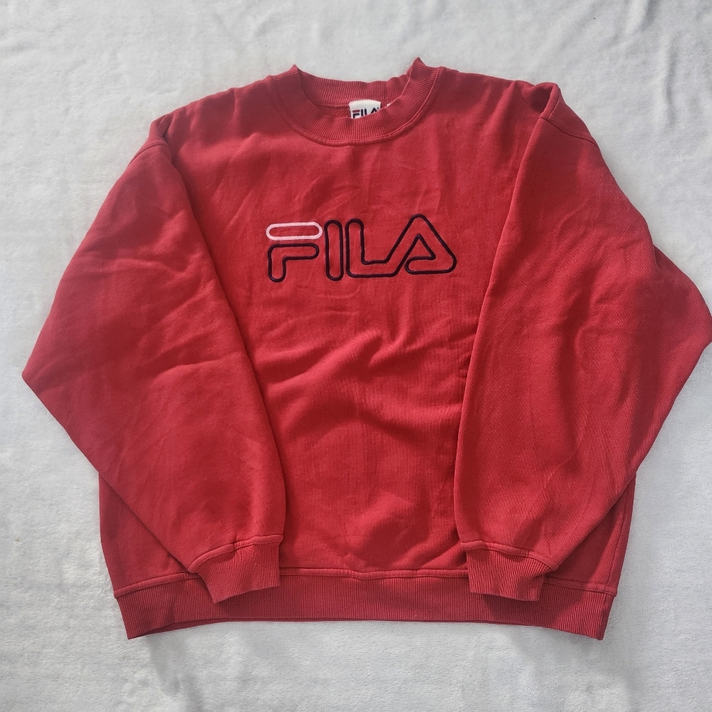 FILA Men's Vintage Crewneck Pullover Sweatshirt Oversized‎ Large Red